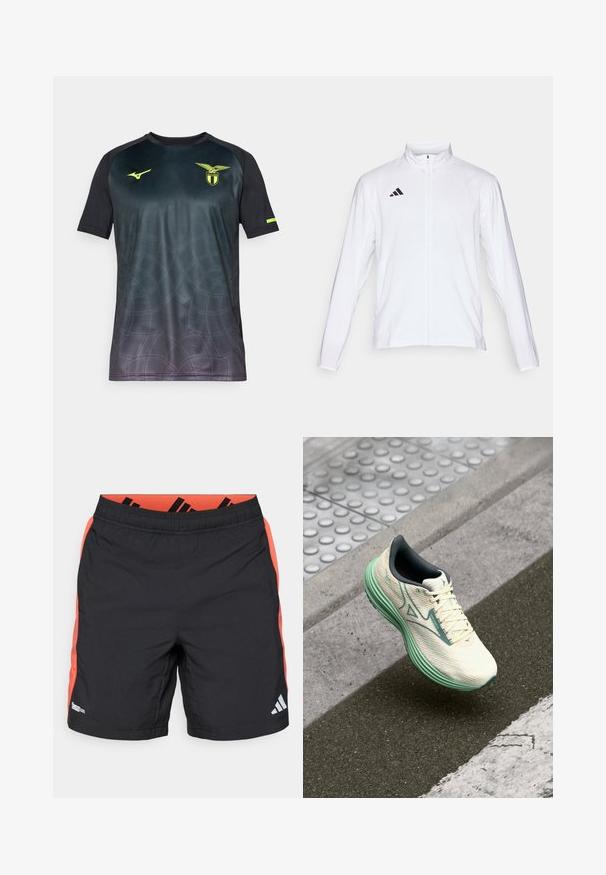 Bílá sportovní bunda s dlouhými rukávy, vysokým límcem a zipem po celé délce. Na horní levé straně je umístěno logo se třemi černými pruhy.; Černý a tmavě šedý sportovní dres s krátkým rukávem, který má gradientní vzor a jemný pavučinný design; obsahuje logo Mizuno a emblém Lazio v žluté barvě.; Černé sportovní šortky s oranžovými bočními panely, elastickým pasem a reflexní logem Adidas na pravé noze, štítek s Climacool látkou na levé straně.; Lehká běžecká bota v krémové a mátové barvě. Má texturovaný svršek, polstrovanou podešev a systém šněrování pro bezpečné uchycení.