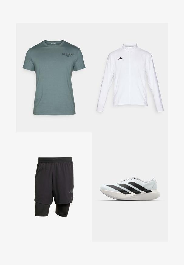 Fehér sportdzseki hosszú ujjal, magas gallérral és teljes hosszúságú cipzárral. A bal felső oldalon fekete háromcsíkos logó található.; Világoszöld pamut póló, kerek nyakkivágással, rövid ujjakkal, fekete színű nyomtatott szöveggel a mellrészen. Egyszerű dizájn, sima textúra.; Fekete sportnadrág beépített belső résszel, lélegző anyagból készült. Diszkrét logóval és struktúrált textúrával rendelkezik. Állítható derékpánt.; Világoskék, fekete csíkos könnyű futószerek. Simább felső résszel, kerek orral és vastag fehér középtalppal, amelyen a "LIGHTSTRIKE PRO" felirat olvasható.