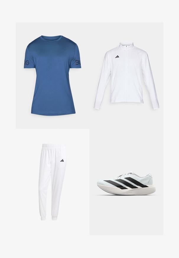 Casaco atlético branco com mangas longas, gola alta e fecho de correr completo. Apresenta o logo preto de três riscas no lado superior esquerdo.; T-shirt atlético azul feito de tecido suave. Apresenta um decote redondo e mangas curtas com "BORG" impresso em preto na manga esquerda.; Calças esportivas brancas feitas de tecido suave, com uma cintura elástica e punhos ajustados, apresentando um logo preto no bolso de trás.; Tênis de corrida leves em azul pálido com riscas pretas. Apresentam um cabedal liso, bico redondo e uma entressola espessa branca rotulada como "LIGHTSTRIKE PRO."