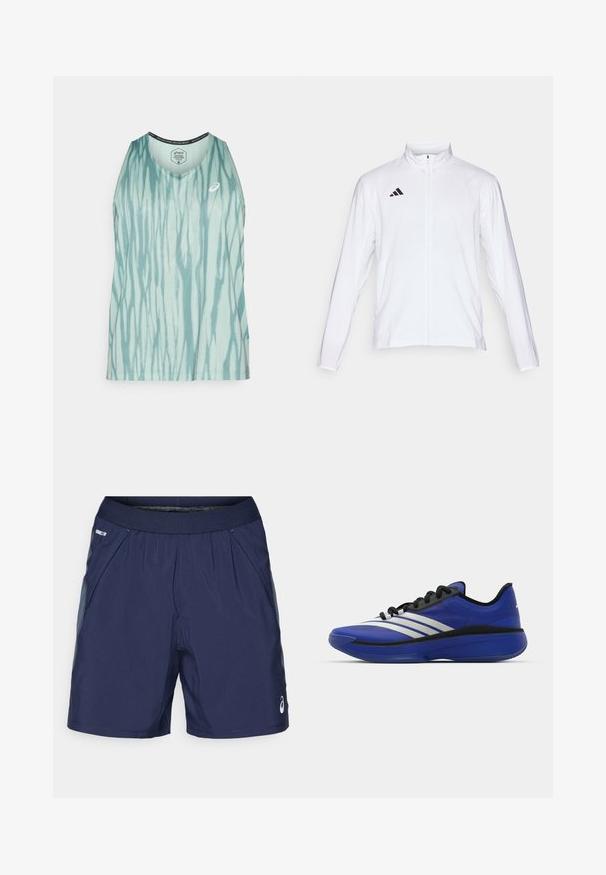 Weiße Sportjacke mit langen Ärmeln, hohem Kragen und durchgehendem Reißverschluss. Mit schwarzem Drei-Streifen-Logo auf der oberen linken Seite.; Hellblaues Tanktop mit einem Batikmuster und vertikalen Streifen, rundem Halsauschnitt und Logo-Akzent. Aus atmungsaktivem Material gefertigt.; Marineblaue Sportshorts mit elastischem Bund, seitlichen Taschen und hellgrauen Akzenten. Aus leichtem, glattem Stoff für hohen Tragekomfort.; adidas Performance ADIZERO SELECT 3.0 - Basketballschuh - lucid blue/core black/metallic