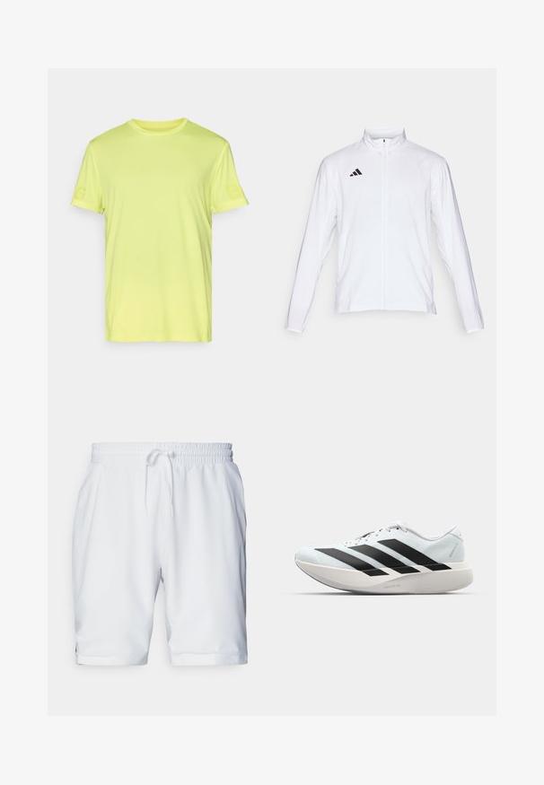 Hvid atletisk jakke med lange ærmer, høj krave og fuld lynlås. Har et sort tre-stripes logo på den øverste venstre side.; Lys gul, kortærmet t-shirt med tekstureret stof. Inkluderer diskret branding på venstre ærme. Klassisk crewneck-design.; Hvide sportsshorts med elastisk talje og justerbar snor. Glat stof med en diskret tekstur, der har sidelommer.; Letvægtige løbesko i lys blå med sorte striber. Har en glat overdel, rund tå og tyk hvid mellemsål mærket "LIGHTSTRIKE PRO."