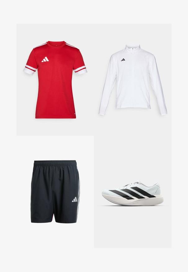 Bijela sportska jakna dugih rukava, s visokim ovratnikom i punim patentnim zatvaračem. Ima crni logo s tri pruge na gornjoj lijevoj strani.; Crvena atletska majica s kratkim rukavima. Bijeli detalji na rukavima i tri bijele pruge na ramenima. Izrađena od glatkog, laganog materijala.; Crne atletske kratke hlače napravljene od laganog materijala, s elastičnom kačnom trakom, tri bijele pruge sa strane i malim logotipom.; Lagane tenisice za trčanje u svijetloplavoj boji s crnim trakama. Imaju glatku gornju površinu, okrugli vrh i debeli bijeli srednji sloj označen "LIGHTSTRIKE PRO."