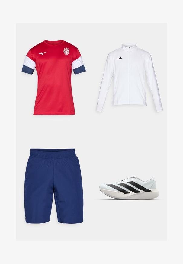 Bela atletska jakna z dolgimi rokavi, visokim ovratnikom in popolnim zadrgo. Ima črn logotip s tremi črtami na zgornji levi strani.; Rdeča športna majica s kratkimi rokavi, okrašena s belimi in mornarsko modrimi detajli. Logo na prsih, gladka tekstura, izdelana iz sintetičnega materiala.; Temno modri atletski šortsi iz teksturirane tkanine, z elastičnim pasom in majhnim logotipom na strani.; Lahki tekaški čevlji v svetlo modri barvi z belimi črtami. Imajo gladek zgornji del, okroglo kapico in debel bel srednji podplat z označbo "LIGHTSTRIKE PRO."