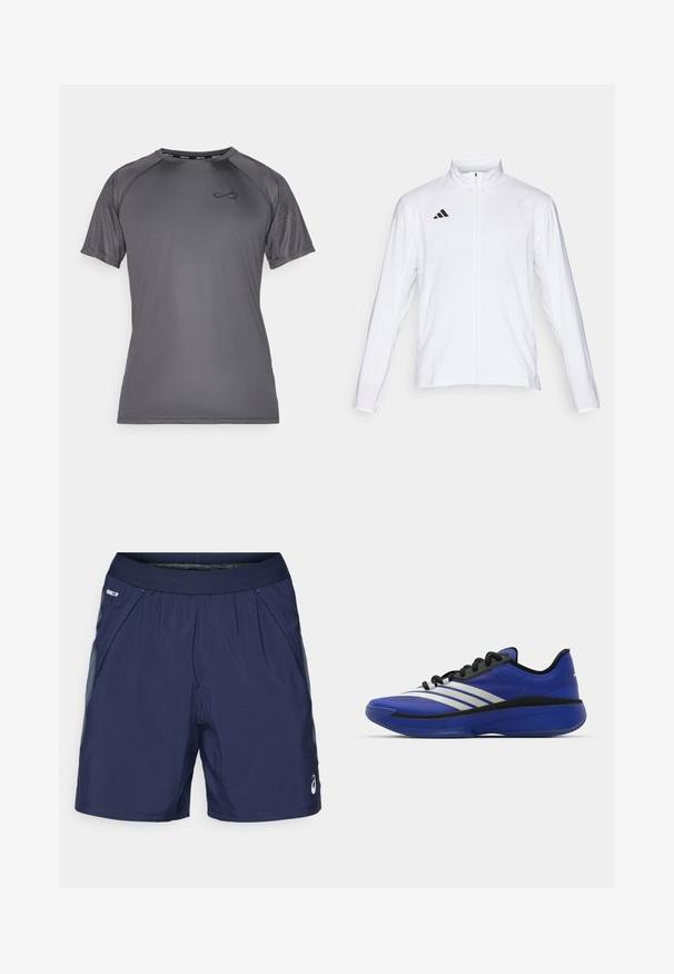 Bela atletska jakna z dolgimi rokavi, visokim ovratnikom in popolnim zadrgo. Ima črn logotip s tremi črtami na zgornji levi strani.; Endless FEISTY HEXAGON - Potiskana majica - titanium; Morsko modri športni kratki hlače z elastičnim pasom, stranskimi žepi in svetlo sivo obrobo. Narejene so iz lahkega, gladkega materiala za udobje.; adidas Performance ADIZERO SELECT 3.0 - Košarkarski copati - lucid blue/core black/metallic