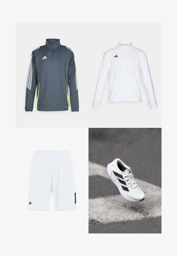 Casaco atlético branco com mangas longas, gola alta e fecho de correr completo. Apresenta o logo preto de três riscas no lado superior esquerdo.; Pullover desportivo cinza escuro com fecho de quarto, riscas brancas nos ombros e um painela lateral verde brilhante. Fabricado em um tecido suave e respirável.; Calções brancos desportivos com cintura elástica, apresentando três riscas pretas nas laterais e um logótipo preto na parte inferior da perna esquerda.; Shoe atlético branco com parte superior em malha texturizada, riscas pretas, fecho de atacadores e sola almofadada, a flutuar acima de uma superfície de estrada marcada.