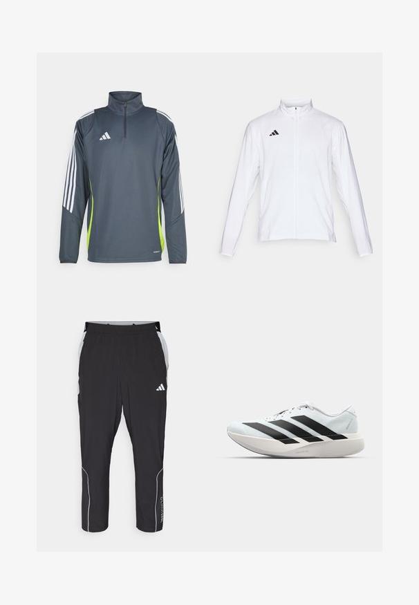 Giacca atletica bianca con maniche lunghe, colletto alto e zip lungo. Presenta il logo nero a tre strisce sul lato sinistro superiore.; Pullover sportivo grigio scuro con zip a un quarto, strisce bianche sulle spalle e un pannello laterale verde brillante. Realizzato in un tessuto liscio e traspirante.; Pantaloni sportivi neri con vita elasticizzata, accenti laterali grigi, dettagli riflettenti bianchi e testo "Climacool" lungo la parte inferiore della gamba.; Scarpe da corsa leggere di colore azzurro pallido con strisce nere. Presentano una tomaia liscia, punta rotonda e un'ampia intersuola bianca etichettata "LIGHTSTRIKE PRO."