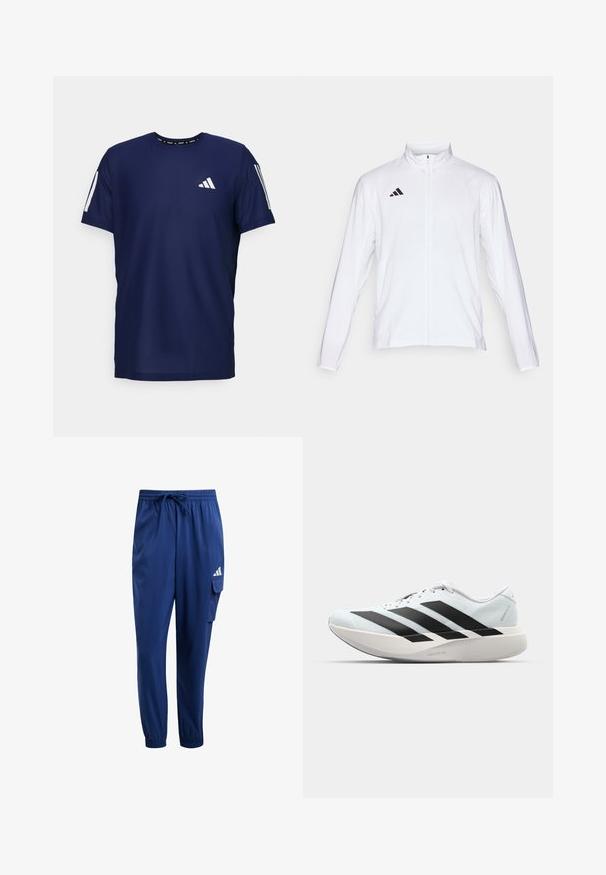 Bijela sportska jakna dugih rukava, s visokim ovratnikom i punim patentnim zatvaračem. Ima crni logo s tri pruge na gornjoj lijevoj strani.; Tamnoplava atletska majica od prozračnog materijala, s kratkim rukavima, okruglim izrezom i bijelim logotipom na lijevoj strani prsnog koša i rukavima.; Tamno plave sportske hlače od lagane tkanine. Imaju elastični pojas s vezicom i bočni džep za teret.; Lagane tenisice za trčanje u svijetloplavoj boji s crnim trakama. Imaju glatku gornju površinu, okrugli vrh i debeli bijeli srednji sloj označen "LIGHTSTRIKE PRO."