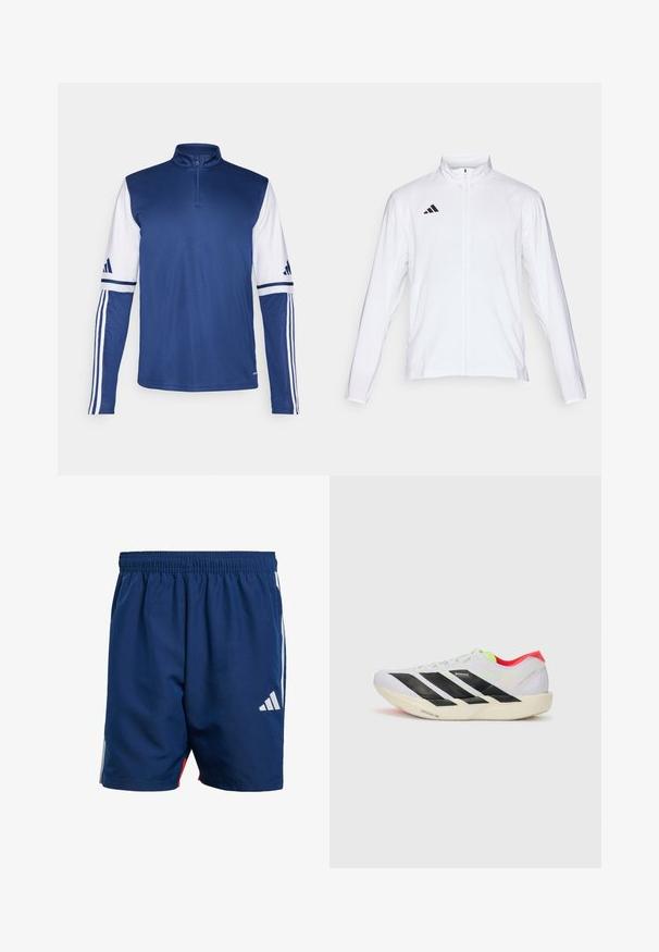 Witte sportjack met lange mouwen, hoge kraag en volledige ritssluiting. Kenmerkt zich door het zwarte drie-streepjeslogo aan de bovenkant aan de linkerkant.; Blauwe sportieve pullover met een kwart-zip kraag, lange witte mouwen met marineblauwe accenten en drie witte strepen op elke mouw.; Marineblauwe sportshorts met een elastische tailleband, zijstrepen in het wit en een klein wit logo op de linkerpijp. Lichtgewicht materiaal.; Witte hardloopschoen met zwarte strepen, neon groene accenten en een rode hak. Beschikt over een lichtgewicht ontwerp en een gestructureerde zool voor grip.