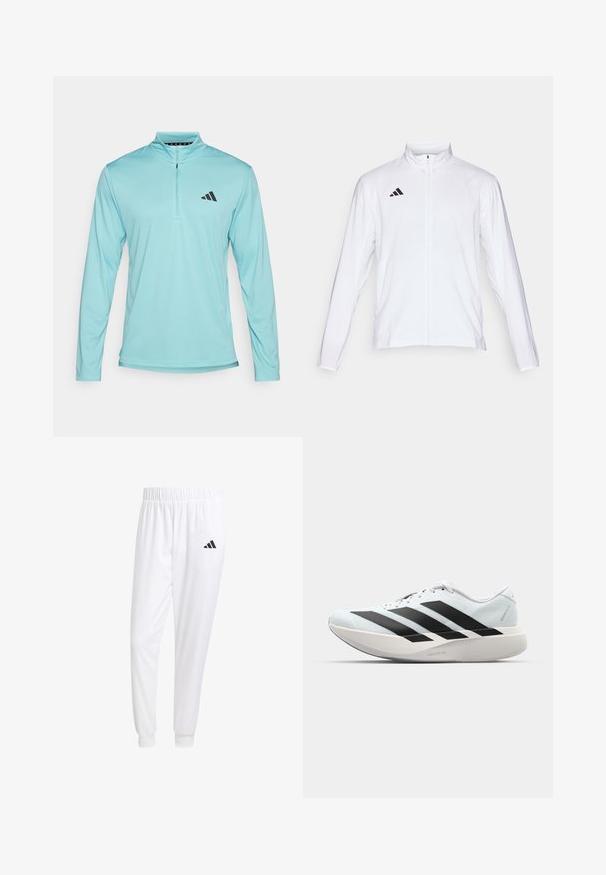 Balta sportinė striukė ilgomis rankovėmis, aukštu kaklu ir pilnu užtrauktuku. Viršutiniame kairiajame kampe yra juodas trijų juostelių logotipas.; adidas Performance ESSENTIALS LONG SLEEVE - Ilgarankovis viršutinės dalies drabužis - mint ton; Balti sportiniai keliaraiščiai, pagaminti iš lygios medžiagos, su elastinga liemene ir priglundančiais rankogaliais, ant galinio kišenės yra juodas logotipas.; Lengvi bėgimo batai šviesiai mėlynos spalvos su juodomis juostelėmis. Yra lygus viršus, apvalus pirštas ir storas baltas vidpadis su užrašu "LIGHTSTRIKE PRO."
