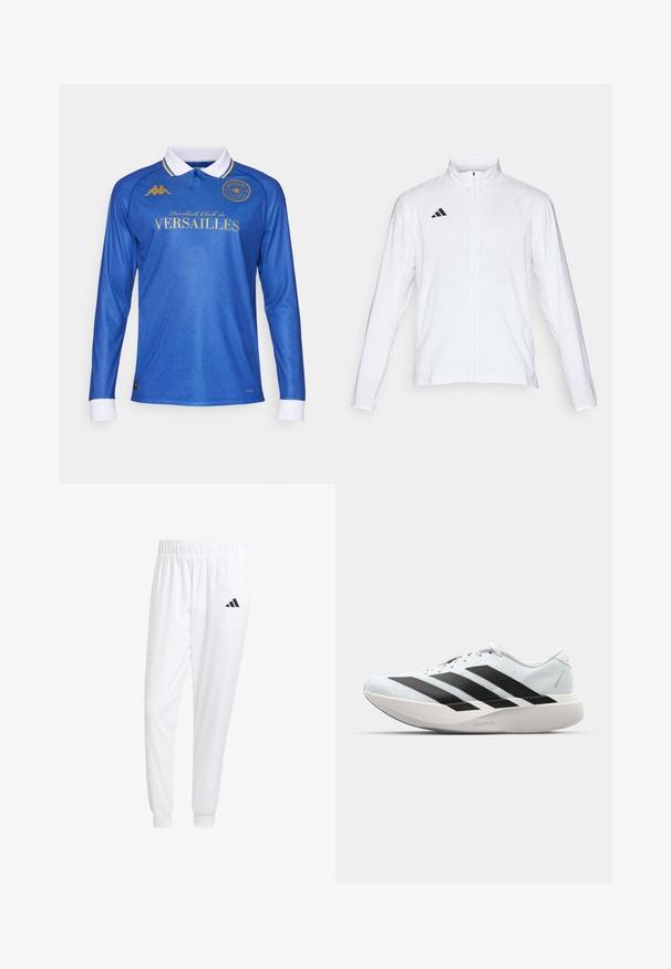 Biała sportowa kurtka z długimi rękawami, wysokim kołnierzem i pełnym zamkiem błyskawicznym. Posiada czarną logo z trzema paskami po lewej stronie u góry.; Niebieska koszulka piłkarska z długim rękawem i białym kołnierzykiem, z złotymi logo i tekstem, z fakturowanym ukośnym wzorem oraz kontrastującymi białymi mankietami.; Białe sportowe spodnie z gładkiego materiału, z elastycznym pasem w talii i dopasowanymi mankietami, z czarnym logo na tylnej kieszeni.; Lekkie buty do biegania w jasnoniebieskim kolorze z czarnymi pasami. Posiadają gładką cholewkę, okrągły nosek oraz grubą białą podeszwę środkową oznaczoną "LIGHTSTRIKE PRO."