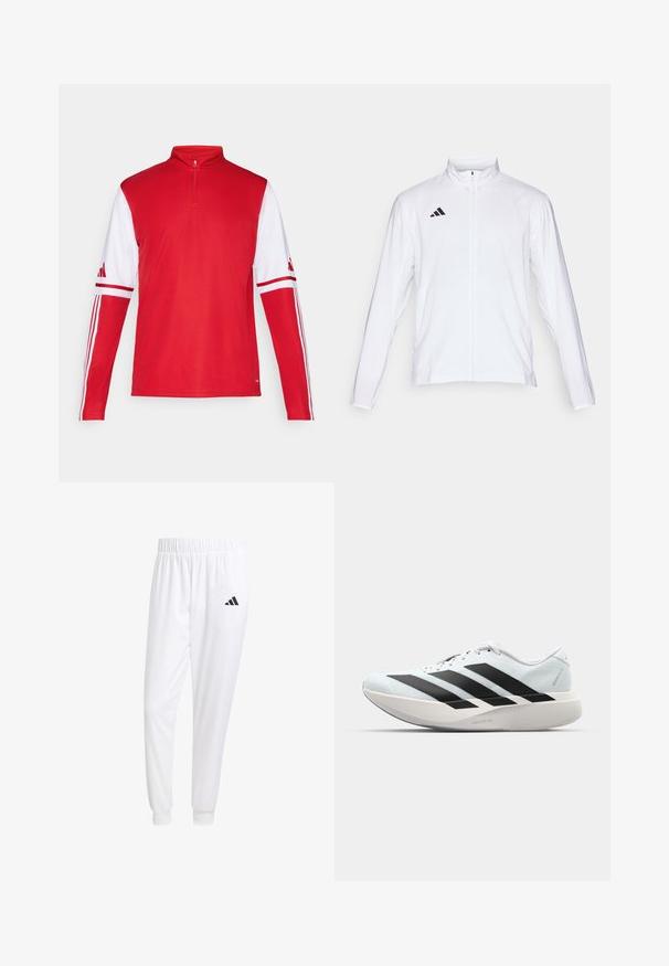 Hvid atletisk jakke med lange ærmer, høj krave og fuld lynlås. Har et sort tre-stripes logo på den øverste venstre side.; Rød atletisk langærmet skjorte med kvart-zip krave, hvide ærmer, tre hvide striber langs skuldrene og Adidas-logo på ærmerne.; Hvide sportsbukser lavet af glat stof, med elastisk talje og tætsiddende manchetter, og med et sort logo på baglommen.; Letvægtige løbesko i lys blå med sorte striber. Har en glat overdel, rund tå og tyk hvid mellemsål mærket "LIGHTSTRIKE PRO."