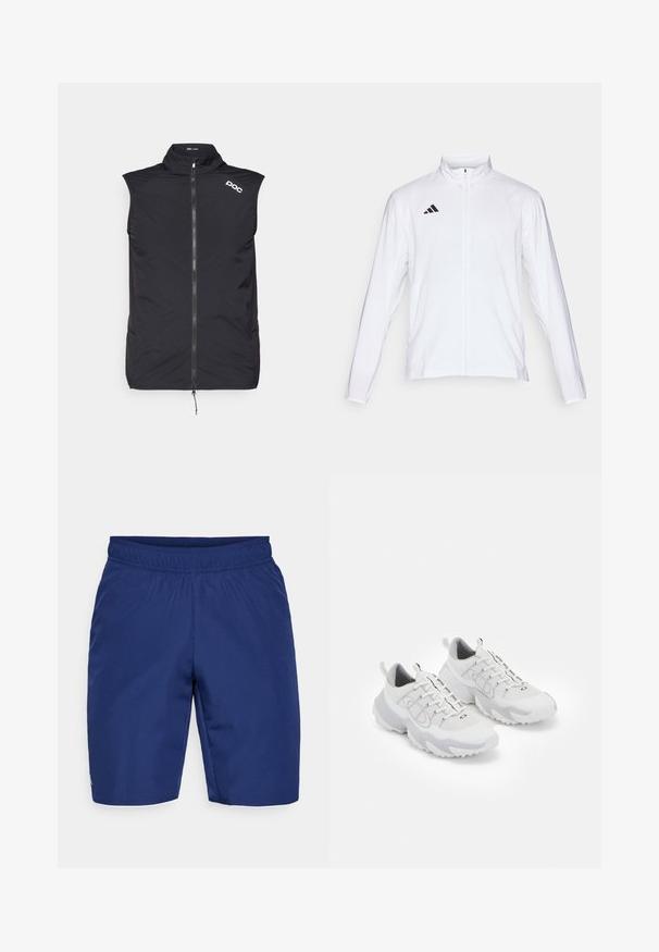 Weiße Sportjacke mit langen Ärmeln, hohem Kragen und durchgehendem Reißverschluss. Mit schwarzem Drei-Streifen-Logo auf der oberen linken Seite.; POC PRO THERMAL VEST - Cycling-Trikot - uranium black; Marineblaue Sportshorts aus strukturiertem Stoff, mit einem elastischen Bund und einem kleinen Logoakzent an der Seite.; Weiße Sportschuhe mit einem Obermaterial aus Netzgewebe, grauen Akzenten, einer strukturierten Gummisohle und Zuglaschen an der Ferse; verfügt über ein Schnürdesign.