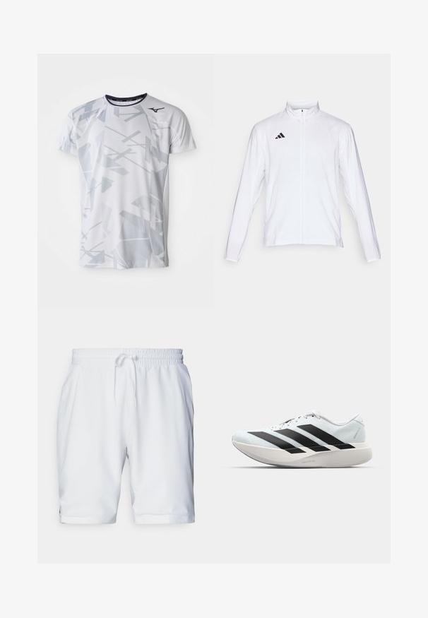 White athletic jacket with long sleeves, high collar, and full-length zipper. Features black three-stripe logo on the upper left side.; White athletic t-shirt with a geometric grey pattern, short sleeves, crew neck, and Mizuno logo on the upper left. Made from breathable material.; White athletic shorts with an elastic waistband and adjustable drawstring. Smooth fabric with a subtle texture, featuring side pockets.; Lightweight running shoes in pale blue with black stripes. Features a smooth upper, round toe, and thick white midsole labeled "LIGHTSTRIKE PRO."