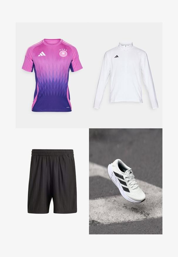 Bijela sportska jakna dugih rukava, s visokim ovratnikom i punim patentnim zatvaračem. Ima crni logo s tri pruge na gornjoj lijevoj strani.; Futbalska majica s ljubičastim i ružičastim gradijentom, sa cik-cak uzorkom, Adidasovim logotipom na prsima, okruglim izrezom, kratkim rukavima i izvezenim grbom.; Crne kratke hlače s elastičnom šnikom, s vertikalnim prugama i laganom, teksturiranom tkaninom. Dužina do sredine bedra.; Bjela atletska cipela s mrežastim gornjim dijelom s teksturom, crnim prugama, vezanjem na vezice i podstavljenim potplatom, lebdi iznad označene ceste.