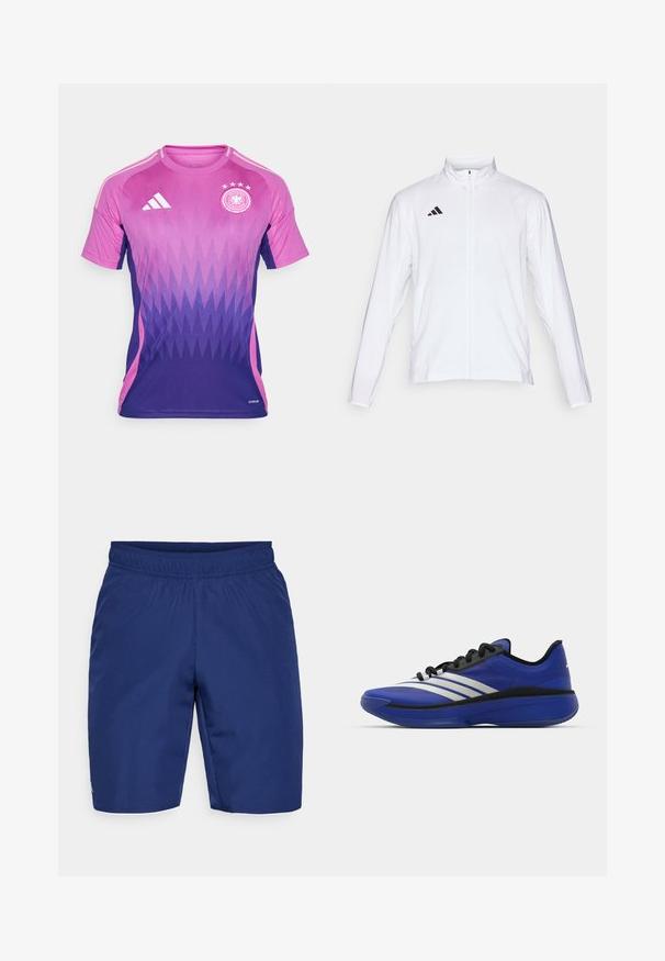 Bela atletska jakna z dolgimi rokavi, visokim ovratnikom in popolnim zadrgo. Ima črn logotip s tremi črtami na zgornji levi strani.; Futbalska majica v vijoličastih in rožnatih odtenkih s cikcakastim vzorcem, Adidasovo logo na prsih, okrogla vrata, kratki rokavi in vezenina značke.; Temno modri atletski šortsi iz teksturirane tkanine, z elastičnim pasom in majhnim logotipom na strani.; adidas Performance ADIZERO SELECT 3.0 - Košarkarski copati - lucid blue/core black/metallic