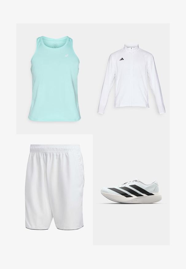 Witte sportjack met lange mouwen, hoge kraag en volledige ritssluiting. Kenmerkt zich door het zwarte drie-streepjeslogo aan de bovenkant aan de linkerkant.; Licht turquoise sport tanktop, gemaakt van gladde, ademende stof. Heeft een ronde halslijn en een logo accent op de linkerkant van de borst.; Witte shorts met een elastische tailleband, een gladde textuur en contrasterende zwarte afwerking aan de zoom. Ontworpen voor casual of sportieve kleding.; Lichte hardloopschoenen in lichtblauw met zwarte strepen. Beschikt over een soepele bovenkant, ronde neusstuk en dikke witte tussenzool met het label "LIGHTSTRIKE PRO."