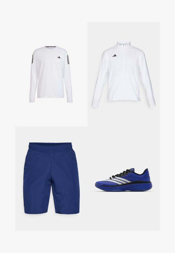Valge sportlik jakk pikkade varrukatega, kõrge krae ja täispikk lukuga. Omab musta kolme triibu logo vasakul ülal.; adidas Performance Pikkade varrukatega topp - white; Tumed sinine spordilühem, mis on valmistatud tekstureeritud kangast, millel on elastne vöökoht ja väike logo aksent küljel.; adidas Performance ADIZERO SELECT 3.0 - Korvpallijalatsid - lucid blue/core black/metallic