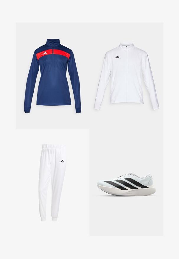 Witte sportjack met lange mouwen, hoge kraag en volledige ritssluiting. Kenmerkt zich door het zwarte drie-streepjeslogo aan de bovenkant aan de linkerkant.; Marineblauw sportieve pullover met een rode paneel over de schouders, een halve ritssluiting, lange mouwen en een logo op de linkerkant.; Witte sportbroek van gladde stof, met een elastische tailleband en smalle taillebanden, voorzien van een zwart logo op de achterzak.; Lichte hardloopschoenen in lichtblauw met zwarte strepen. Beschikt over een soepele bovenkant, ronde neusstuk en dikke witte tussenzool met het label "LIGHTSTRIKE PRO."