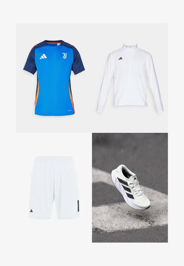 Casaco atlético branco com mangas longas, gola alta e fecho de correr completo. Apresenta o logo preto de três riscas no lado superior esquerdo.; Camisola atlética azul com mangas azul-marinho, detalhes laranja e logótipos brancos (Adidas e Juventus). Feita de um tecido liso e texturizado.; Calções brancos desportivos com cintura elástica, apresentando três riscas pretas nas laterais e um logótipo preto na parte inferior da perna esquerda.; Shoe atlético branco com parte superior em malha texturizada, riscas pretas, fecho de atacadores e sola almofadada, a flutuar acima de uma superfície de estrada marcada.