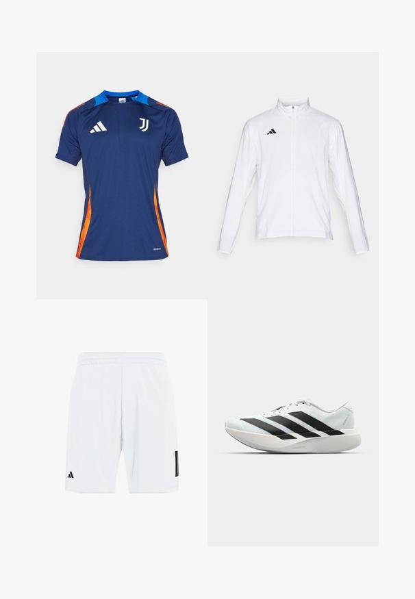 Hvit sportsjakke med lange ermer, høy krage og hel glidelås. Har svart tre-stripes logo på øvre venstre side.; adidas Performance JUVENTUS TIRO24 COMPETITION JERSEY - Klubbklær - team navy blue; Hvite atletiske shorts med elastisk midjebånd, med tre svarte striper på sidene og en svart logo på nedre venstre ben.; Lette løpesko i lys blå med svarte striper. Har en myk overdel, rund tå og tykk hvit mellomsole merket "LIGHTSTRIKE PRO."