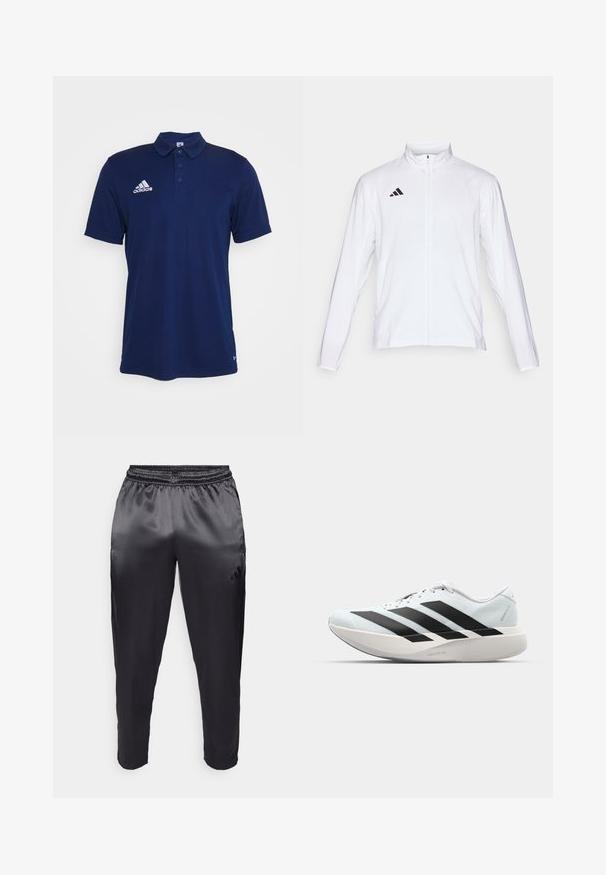 Biała sportowa kurtka z długimi rękawami, wysokim kołnierzem i pełnym zamkiem błyskawicznym. Posiada czarną logo z trzema paskami po lewej stronie u góry.; Granatowa koszulka polo wykonana z gładkiego materiału ma zapięcie na trzy guziki, wykładany kołnierzyk oraz białe logo Adidas na piersi.; Czarne spodnie sportowe wykonane z gładkiego, lekkiego materiału z elastycznym paskiem w talii. Posiadają małe logo po lewej stronie oraz zwężane nogawki.; Lekkie buty do biegania w jasnoniebieskim kolorze z czarnymi pasami. Posiadają gładką cholewkę, okrągły nosek oraz grubą białą podeszwę środkową oznaczoną "LIGHTSTRIKE PRO."