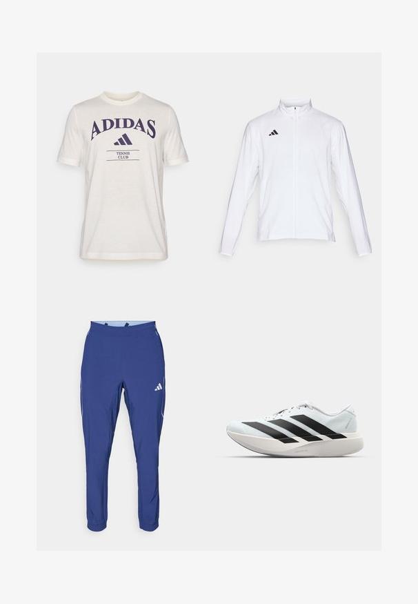 Hvit sportsjakke med lange ermer, høy krage og hel glidelås. Har svart tre-stripes logo på øvre venstre side.; Cremefarget t-skjorte med korte ermer, med en stor lilla "ADIDAS" logo og teksten "TENNISKLUBB" i mørkelilla under.; adidas Performance TECH APP - Joggebukse - dark blue/glow blue; Lette løpesko i lys blå med svarte striper. Har en myk overdel, rund tå og tykk hvit mellomsole merket "LIGHTSTRIKE PRO."