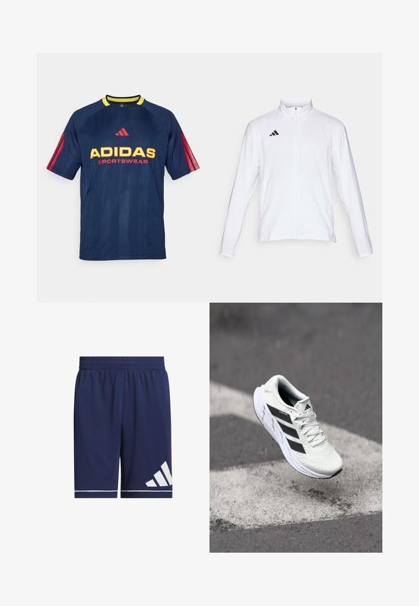 White athletic jacket with long sleeves, high collar, and full-length zipper. Features black three-stripe logo on the upper left side.; Navy blue Adidas sportswear t-shirt with yellow neck, red striped accents on sleeves, and bold yellow and red "ADIDAS SPORTSWEAR" text.; Navy athletic shorts made of lightweight fabric, featuring an elastic waistband, white accent stripes, and a contrasting white logo on the left side.; White athletic shoe with textured mesh upper, black stripes, lace closure, and a cushioned sole, levitating above a marked road surface.