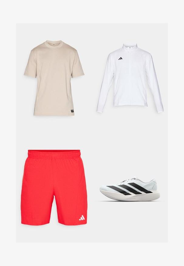 Balta sporta jaka ar garām piedurknēm, augstu apkakli un pilna garuma rāvējslēdzēju. Uz augšējās kreisās puses ir melna trīslīniju logo.; Bežs kokvilnas īsām piedurknēm T-krekls ar apaļu kaklu un mazu melnu etiķeti maliņā. Gluda tekstūra, regulāra piegriezuma, minimālisma dizains.; Sarkanas sporta šortus ar elastīgu jostasvietu, strukturētu audumu un baltu Adidas logo tuvu apakšmalai.; Gaiši zili vieglie skriešanas apavi ar melniem svītrainiem. Iezīmēti ar gludu augšpusi, apaļu purngalu un biezāko balto vidējo zoli, kurā ir uzraksts "LIGHTSTRIKE PRO."
