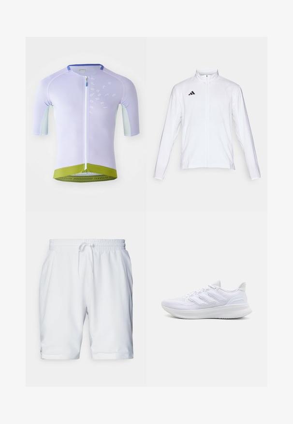 White athletic jacket with long sleeves, high collar, and full-length zipper. Features black three-stripe logo on the upper left side.; Light purple cycling jersey with short sleeves, textured mesh fabric, full zipper, and green bottom hem featuring brand logo in black.; White athletic shorts with an elastic waistband and adjustable drawstring. Smooth fabric with a subtle texture, featuring side pockets.; White athletic shoes featuring a textured mesh upper, supportive cushioned sole, and three stripe design on the side.