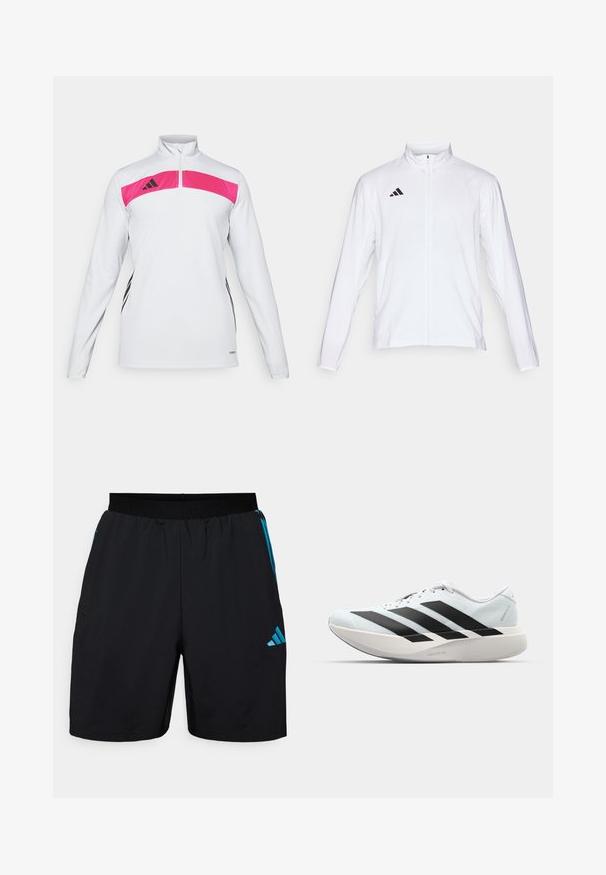 White athletic jacket with long sleeves, high collar, and full-length zipper. Features black three-stripe logo on the upper left side.; Long-sleeve athletic shirt in white with a pink panel across the chest, featuring a quarter zip and black accent stripes on the sides.; Black athletic shorts made of lightweight fabric, featuring blue side stripes and an adidas logo. Elastic waistband for comfort.; Lightweight running shoes in pale blue with black stripes. Features a smooth upper, round toe, and thick white midsole labeled "LIGHTSTRIKE PRO."
