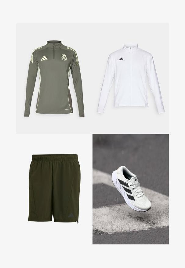 Bijela sportska jakna dugih rukava, s visokim ovratnikom i punim patentnim zatvaračem. Ima crni logo s tri pruge na gornjoj lijevoj strani.; Tamnozeleni dukserica dugih rukava s polu-zip ovratnikom, svijetlozeleni prugasti detalji na ramenima i vezeni logotip kluba, izrađena od laganog materijala.; adidas Performance Sportske kratke hlače - night cargo; Bjela atletska cipela s mrežastim gornjim dijelom s teksturom, crnim prugama, vezanjem na vezice i podstavljenim potplatom, lebdi iznad označene ceste.