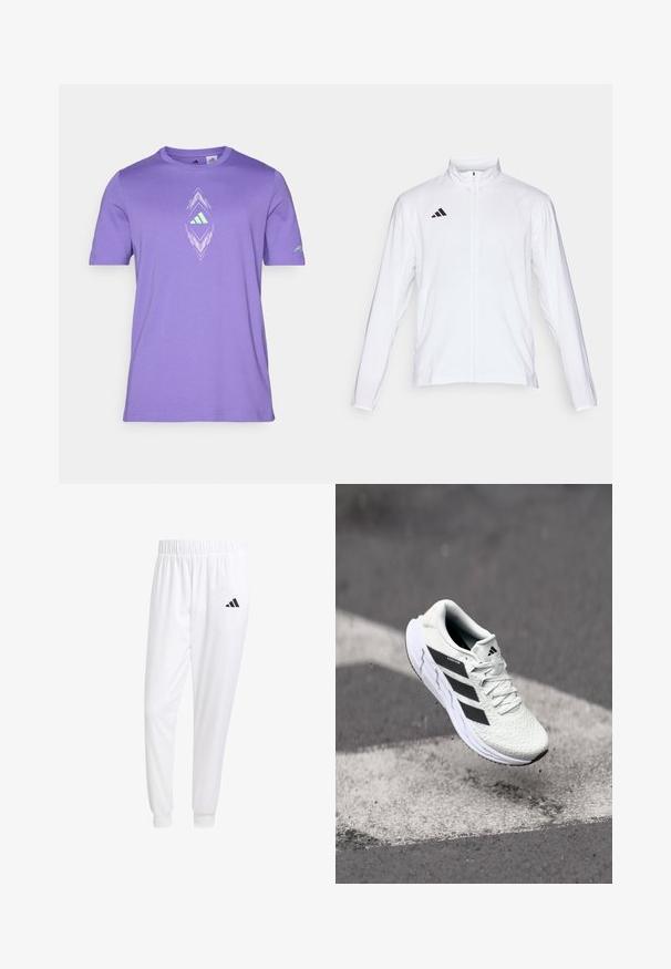 Balta sporta jaka ar garām piedurknēm, augstu apkakli un pilna garuma rāvējslēdzēju. Uz augšējās kreisās puses ir melna trīslīniju logo.; Lietusvioleta īsās piedurknēm T-kreklu, kas izgatavots no mīksta auduma, ar centrālu baltu un zaļu grafisko dizainu, kurā ir dimanta forma un logo detaļa.; Baltas sporta bikses, kas izgatavotas no gludas auduma, ar elastīgu jostu un pieguļošiem uzmavām, ar melnu logotipu aizmugurējā kabatā.; Baltas sporta apavs ar teksturētu sietu augšu, melnām svītrām, auklu aizdari un mīkstu zoli, kas levitē virs marķētas ceļa virsmas.