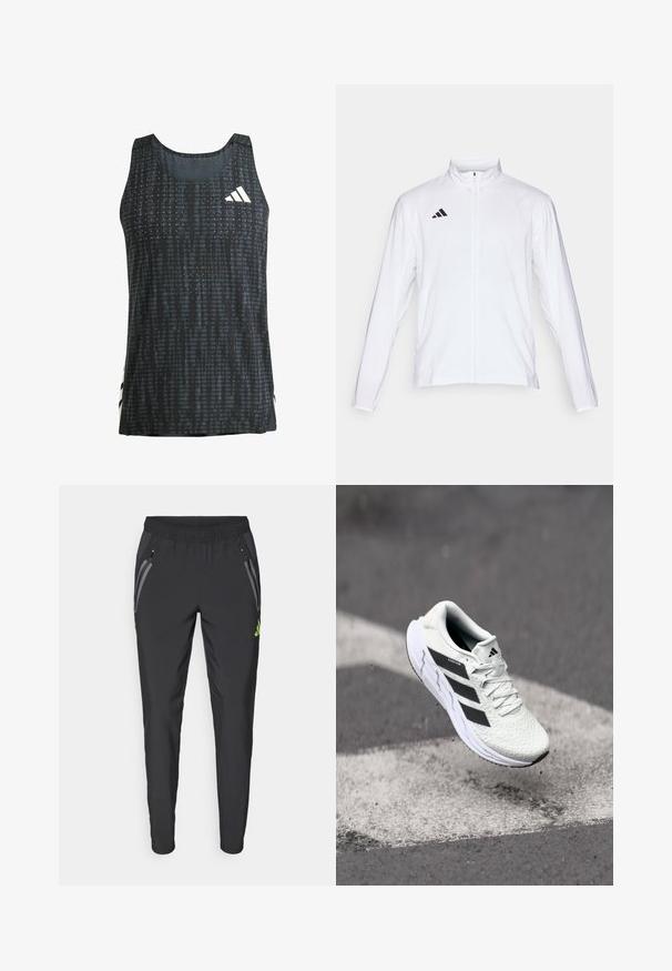 Valkoinen urheilutakki pitkillä hihoilla, korkea kaulus ja vetoketju koko pituudeltaan. Oikeassa yläreunassa musta kolmiraidallinen logo.; Musta urheilullinen hihaton paita, jossa on teksturoitu kuvio, hihattomat mallit ja valkoiset logo-yksityiskohdat. Kevyt kangas ja rento istuvuus.; adidas Performance REAL MADRID TIRO25 PRO VIS TECH TRAVEL PANT - Joukkuetuote - black/lucid lemon; Valkoinen urheilujalkine, jossa on teksturoitu verkkomateriaali, mustat raidat, nauhakiinnitys ja pehmustettu pohja, leijuu merkittyjen tienpintojen yllä.