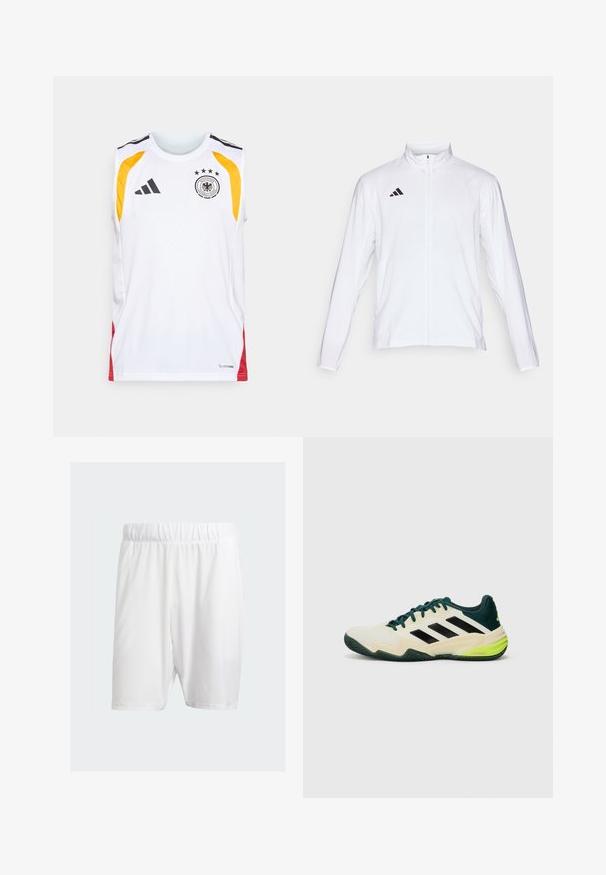 Witte sportjack met lange mouwen, hoge kraag en volledige ritssluiting. Kenmerkt zich door het zwarte drie-streepjeslogo aan de bovenkant aan de linkerkant.; Wit mouwloos shirt met zwarte accenten, gele en rode zijpanelen, voorzien van een logo met daarboven vier sterren en een "Climacool" label.; Witte sportshorts van lichtgewicht stof, met een elastische tailleband, een gladde textuur en een knielengte.; Tennisschoenen met een crèmekleurige bovenkant, zwarte strepen, groene accenten en een gestructureerde rubberen zool voor grip. Gemaakt van synthetische materialen.
