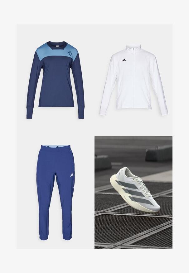 Valge sportlik jakk pikkade varrukatega, kõrge krae ja täispikk lukuga. Omab musta kolme triibu logo vasakul ülal.; Pika pika käistega sportlik topp, mis on valmistatud niiskust eemaldavast kangast; tume sinine keha, hele sinine õlavarre aktsent ja väike logo rinnal.; adidas Performance TECH APP - Dresside alumine osa - dark blue/glow blue; Valge sportlik jalanõu tekstureeritud võrgus ülaosaga, hallide triipude ja pehmendusega tallaga. Kerge disain, sobib jooksmiseks.