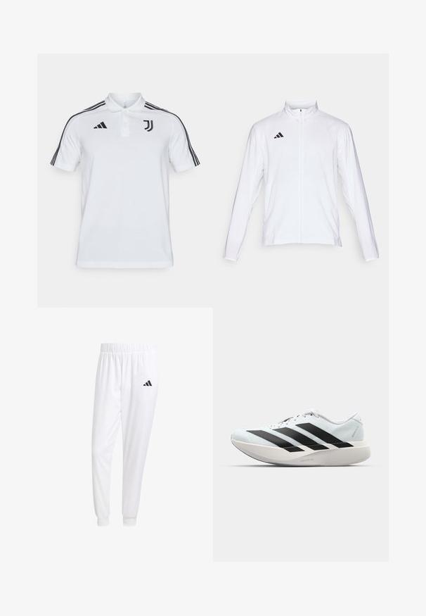 Bela atletska jakna z dolgimi rokavi, visokim ovratnikom in popolnim zadrgo. Ima črn logotip s tremi črtami na zgornji levi strani.; Bela polo majica s tremi črnimi črtami na vsakem rami, črni Adidasov logotip in emblem Juventusa na prsih. Material: bombaž.; Bele atletske hlače iz gladkega materiala, z elastičnim pasom in prilagojenimi manšetami, na zadnjem žepu pa je črna logo.; Lahki tekaški čevlji v svetlo modri barvi z belimi črtami. Imajo gladek zgornji del, okroglo kapico in debel bel srednji podplat z označbo "LIGHTSTRIKE PRO."
