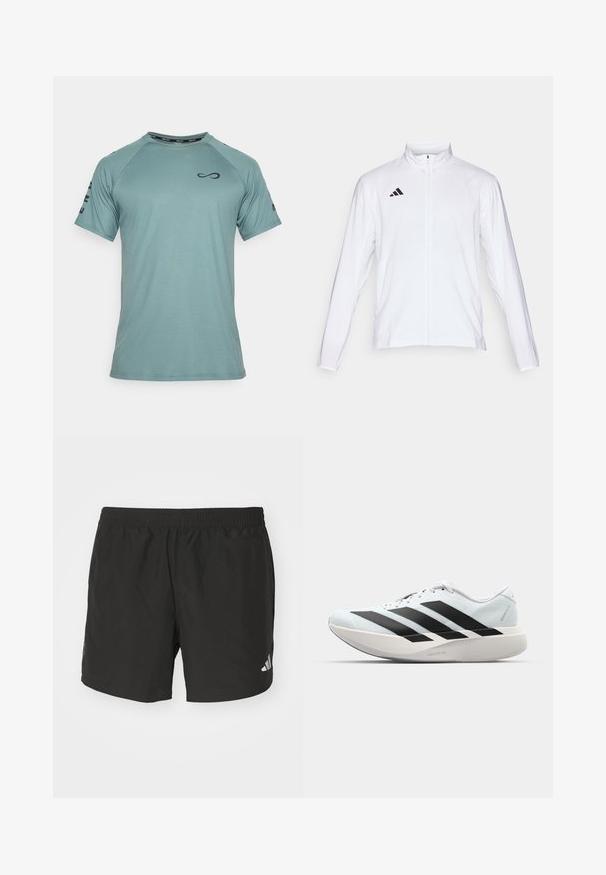 Chaqueta atlética blanca con mangas largas, cuello alto y cremallera completa. Presenta el logotipo de tres franjas en negro en la parte superior izquierda.; Endless CAMISETA FEISTY ICONIC - Camiseta deportiva - cypress; Pantalones cortos deportivos negros con cintura elástica, aberturas laterales y acentos de logo reflectantes. Hechos de una tela liviana y suave.; Zapatillas de running ligeras en azul pálido con rayas negras. Presentan una parte superior suave, puntera redonda y una gruesa mediasuela blanca etiquetada como "LIGHTSTRIKE PRO".