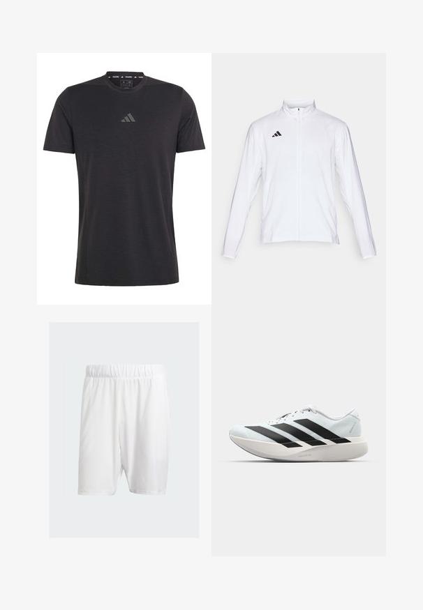 White athletic jacket with long sleeves, high collar, and full-length zipper. Features black three-stripe logo on the upper left side.; Black short-sleeve training t-shirt made of lightweight fabric, featuring a crew neck and a subtle embossed logo on the chest.; White athletic shorts made of lightweight fabric, featuring an elastic waistband, smooth texture, and knee-length cut.; Lightweight running shoes in pale blue with black stripes. Features a smooth upper, round toe, and thick white midsole labeled "LIGHTSTRIKE PRO."
