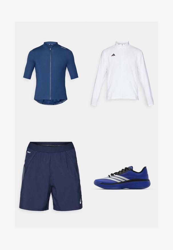 White athletic jacket with long sleeves, high collar, and full-length zipper. Features black three-stripe logo on the upper left side.; Short-sleeve cycling jersey in navy blue, featuring a full zipper, high collar, and rounded hem. Made of smooth, stretchy material.; Navy blue athletic shorts with elastic waistband, side pockets, and light gray accents. Made of lightweight, smooth fabric for comfort.; adidas Performance ADIZERO SELECT 3.0 - Basketball shoes - lucid blue/core black/metallic