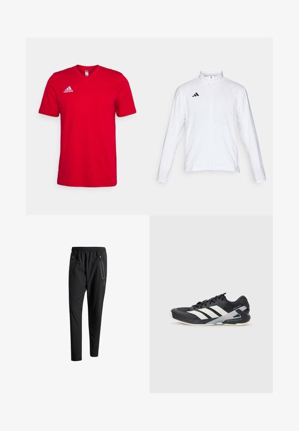 Casaco atlético branco com mangas longas, gola alta e fecho de correr completo. Apresenta o logo preto de três riscas no lado superior esquerdo.; Camiseta de algodão vermelha com mangas curtas, design em forma de V e logótipo branco da Adidas no lado esquerdo do peito. Textura suave, sem padrões visíveis.; Calças de treino pretas com uma cintura elástica, dois bolsos laterais com fecho, pernas ajustadas e um discreto detalhe de logotipo no quadril.; Sapata atlética preta com riscas brancas, parte superior em malha, biqueira arredondada e sola acolchoada. Apresenta um calcanhar texturizado e um sistema de atacadores seguro.