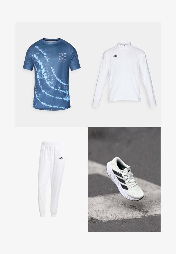 Valge sportlik jakk pikkade varrukatega, kõrge krae ja täispikk lukuga. Omab musta kolme triibu logo vasakul ülal.; Sinine tie-dye lühikeste varrukatega T-särk, mis on valmistatud kerge kangaga. Omab spiraalmustrit ja esiküljel on valge "RUN" tekst.; Valged sportpüksid, mis on valmistatud siledast kangast, omavad elastset vöökohta ja kitsaid mansette, tagakoti peal on must logo.; Valge spordijalats tekstuurse võrgu pealmise osaga, mustade triipudega, nööriga kinnitamine ja pehmendatud tallaga, levib märgitud teepinna kohal.