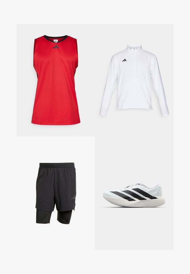 Balta sportinė striukė ilgomis rankovėmis, aukštu kaklu ir pilnu užtrauktuku. Viršutiniame kairiajame kampe yra juodas trijų juostelių logotipas.; Raudonas be rankovių sportinis marškinėliai su juodais akcentais. Pagamintas iš lygaus audinio, turi V formos kaklą ir tamsiai pilką Adidas logotipą krūtinėje.; Juodos sportinės šortai su integruota vidine dalimi, pagaminti iš kvėpuojančios medžiagos. Apsaugotas logotipas ir struktūrizuota tekstūra. Reguliuojamas juosmuo.; Lengvi bėgimo batai šviesiai mėlynos spalvos su juodomis juostelėmis. Yra lygus viršus, apvalus pirštas ir storas baltas vidpadis su užrašu "LIGHTSTRIKE PRO."