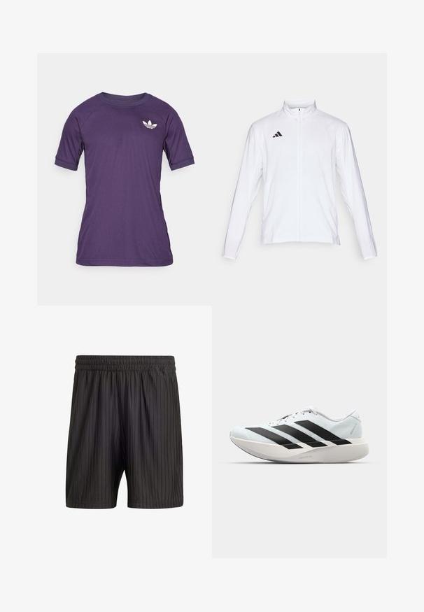 Valge sportlik jakk pikkade varrukatega, kõrge krae ja täispikk lukuga. Omab musta kolme triibu logo vasakul ülal.; Lilla sportlipsuga lühikeste varrukatega, ümmarguse kaelusega ja vasakul rinnal valge logoga. Sile, kerge kangas.; Mustad mustreeritud mustad lühikesed püksid elastse vöökoha ja kerge tekstuuriga kangaga. Püksid ulatuvad keskmise reieni.; Kerged jooksujalatsid helesinises värvuses mustade triipudega. Omavad siledat pealispinda, ümarat varvase osa ja paksu valget vahemõõtu, millel on silt "LIGHTSTRIKE PRO".