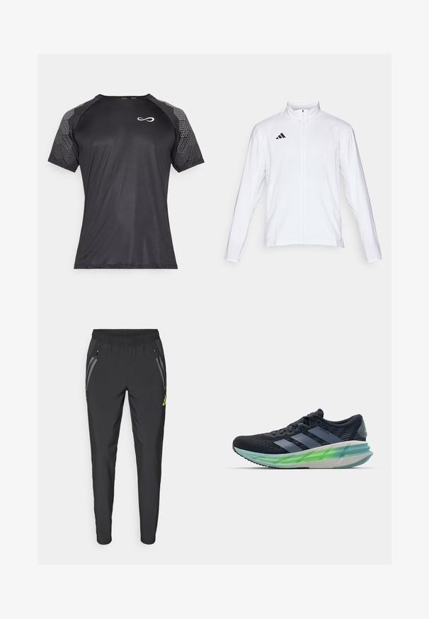 Bílá sportovní bunda s dlouhými rukávy, vysokým límcem a zipem po celé délce. Na horní levé straně je umístěno logo se třemi černými pruhy.; Endless FEISTY HEXAGON - Triko s potiskem - black; adidas Performance REAL MADRID TIRO25 PRO VIS TECH TRAVEL PANT - Klubové oblečení - black/lucid lemon; Černá a modrá sportovní bota s polyesterovým svrškem, třemi bílými pruhy, zelenou průhlednou podrážkou a výrazným texturovaným vzorem. Lehké provedení.