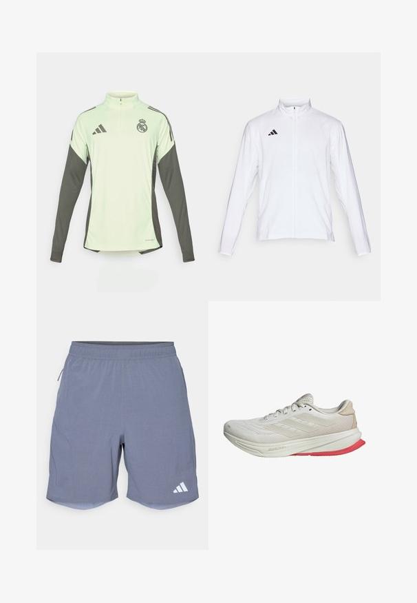 Bijela sportska jakna dugih rukava, s visokim ovratnikom i punim patentnim zatvaračem. Ima crni logo s tri pruge na gornjoj lijevoj strani.; Svijetlozelena majica dugih rukava s tamnosivim detaljima, polu-zip ovratnikom i logotipom Real Madrida. Izrađena od prozračnog materijala.; adidas Performance Sportske kratke hlače - onix; Sportske tenisice u boji off-white od mrežastog materijala s bež detaljima, s tri pruge, teksturiranim gornjim dijelom i crvenom gumastom potplatom.