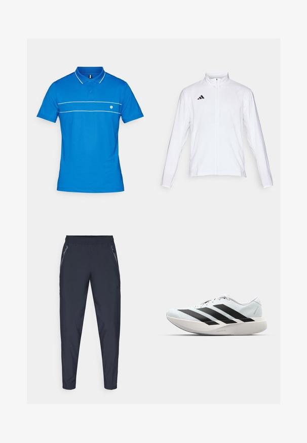 Fehér sportdzseki hosszú ujjal, magas gallérral és teljes hosszúságú cipzárral. A bal felső oldalon fekete háromcsíkos logó található.; Kék póló sima anyagból. Az elkészítés jellemzője egy fehér csík a mellkason és a galléron, két gombbal. Kicsi logó a bal oldalon.; Tengerészei sportnadrág könnyű anyagból, két oldalsó cipzáros zsebbel, rugalmas derékkal és karcsúsított lábakkal a sportos megjelenésért.; Világoskék, fekete csíkos könnyű futószerek. Simább felső résszel, kerek orral és vastag fehér középtalppal, amelyen a "LIGHTSTRIKE PRO" felirat olvasható.