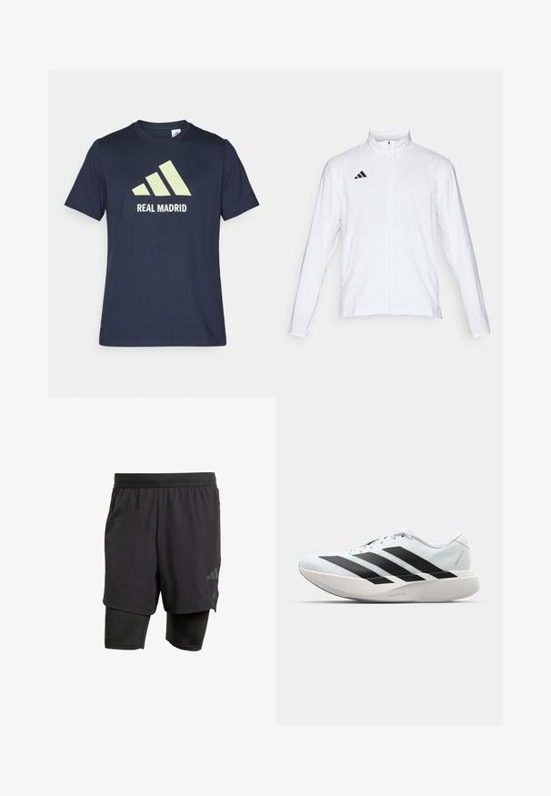 Balta sportinė striukė ilgomis rankovėmis, aukštu kaklu ir pilnu užtrauktuku. Viršutiniame kairiajame kampe yra juodas trijų juostelių logotipas.; Tamsiai mėlynas medvilnės marškinėliai su dideliu šviesiai žaliu Adidas logotipu ir "REAL MADRID" tekstu baltos spalvos. Trumpomis rankovėmis, klasikinio apvalaus kaklo dizainas.; Juodos sportinės šortai su integruota vidine dalimi, pagaminti iš kvėpuojančios medžiagos. Apsaugotas logotipas ir struktūrizuota tekstūra. Reguliuojamas juosmuo.; Lengvi bėgimo batai šviesiai mėlynos spalvos su juodomis juostelėmis. Yra lygus viršus, apvalus pirštas ir storas baltas vidpadis su užrašu "LIGHTSTRIKE PRO."