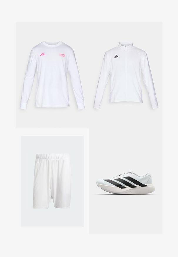 White athletic jacket with long sleeves, high collar, and full-length zipper. Features black three-stripe logo on the upper left side.; White long-sleeve crew neck shirt with pink Adidas logo and BMW Berlin Marathon text on the chest.; White athletic shorts made of lightweight fabric, featuring an elastic waistband, smooth texture, and knee-length cut.; Lightweight running shoes in pale blue with black stripes. Features a smooth upper, round toe, and thick white midsole labeled "LIGHTSTRIKE PRO."