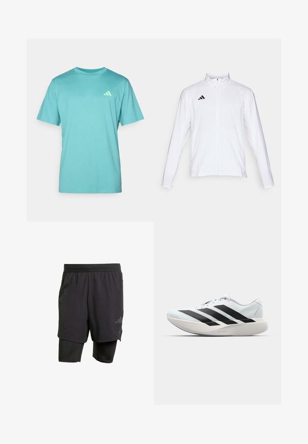 Hvit sportsjakke med lange ermer, høy krage og hel glidelås. Har svart tre-stripes logo på øvre venstre side.; Turkise t-skjorte med korte ermer laget av bomull, med rund hals og en liten hvit Adidas-logo på venstre bryst.; Svarte sportshorts med integrert indre lag, laget av pustende stoff. Har subtilt logo og strukturert tekstur. Justerbar midje.; Lette løpesko i lys blå med svarte striper. Har en myk overdel, rund tå og tykk hvit mellomsole merket "LIGHTSTRIKE PRO."