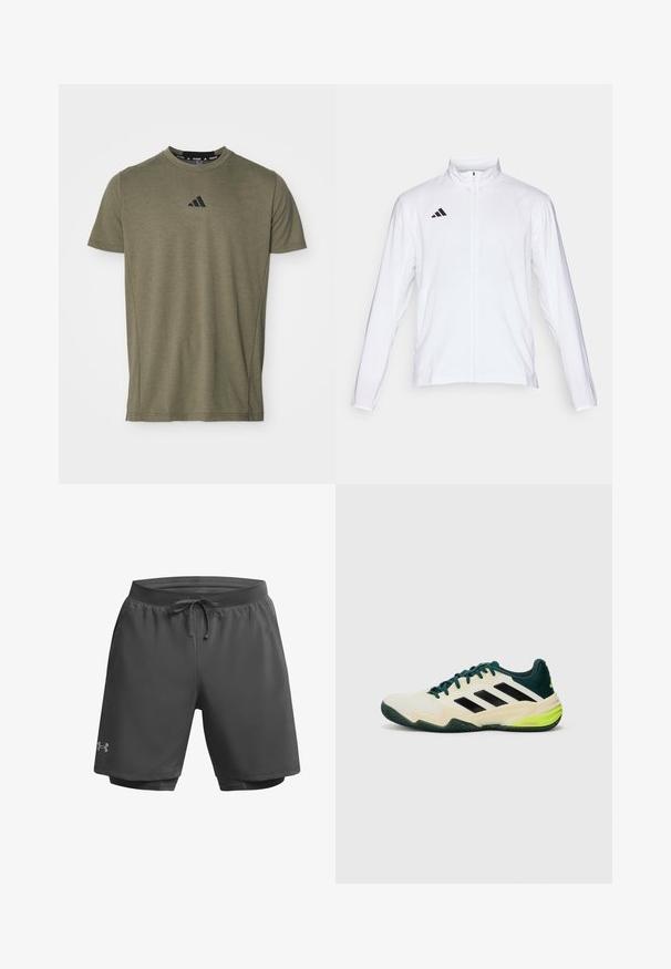 Balta sporta jaka ar garām piedurknēm, augstu apkakli un pilna garuma rāvējslēdzēju. Uz augšējās kreisās puses ir melna trīslīniju logo.; Olivza zaļas krāsas īsām piedurknēm T-krekls, izgatavots no mīksta auduma, ar melnu Adidas logo uz krūtīm un klasisku apaļu kakla izgriezumu.; Tumši pelēki sporta šorti ar elastīgu jostasvītru, regulējamu auklu un iekšējo acu oderi; satur niansētu zīmolu uz kreisās kājas.; Tenisa apavi ar krēmkrāsas augšdaļu, melnām svītrām, zaļiem akcentiem un strukturētu gumijas zoli labākai saķerei. Izgatavoti no sintētiskiem materiāliem.